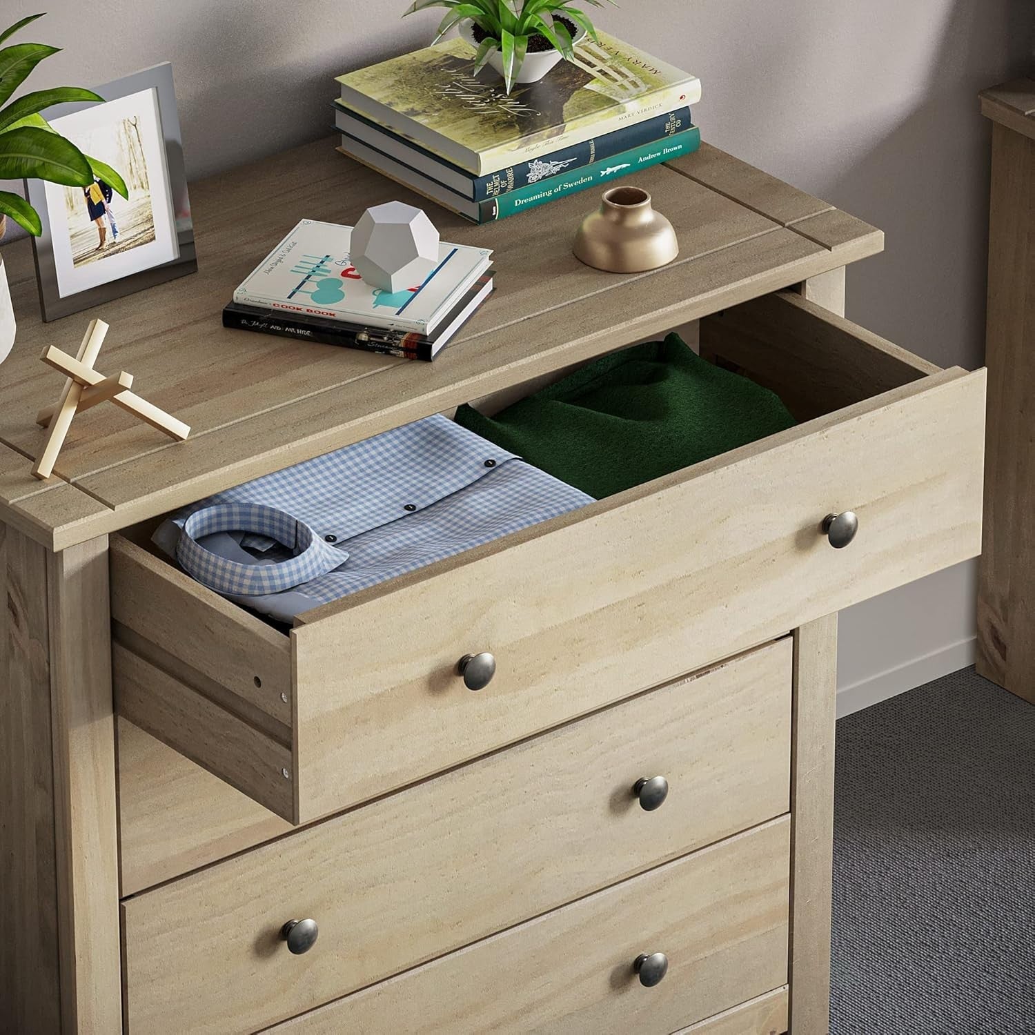 Solid Pine 4 Drawer Chest Wood Wax Finish Storage Unit Bedroom Modern