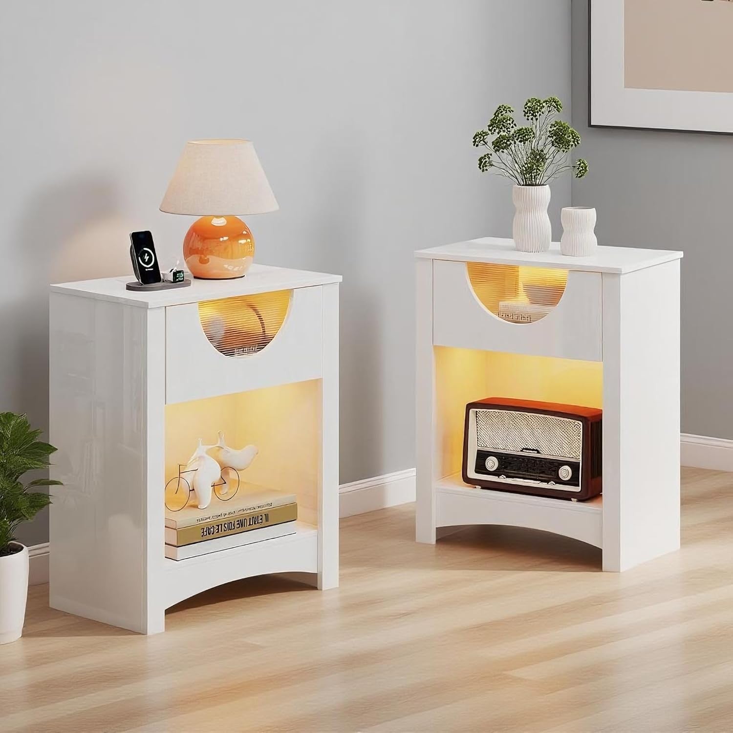 LED Bedside Tables Set of 2 with USB Ports, Drawer Storage & Warm Ambient Light