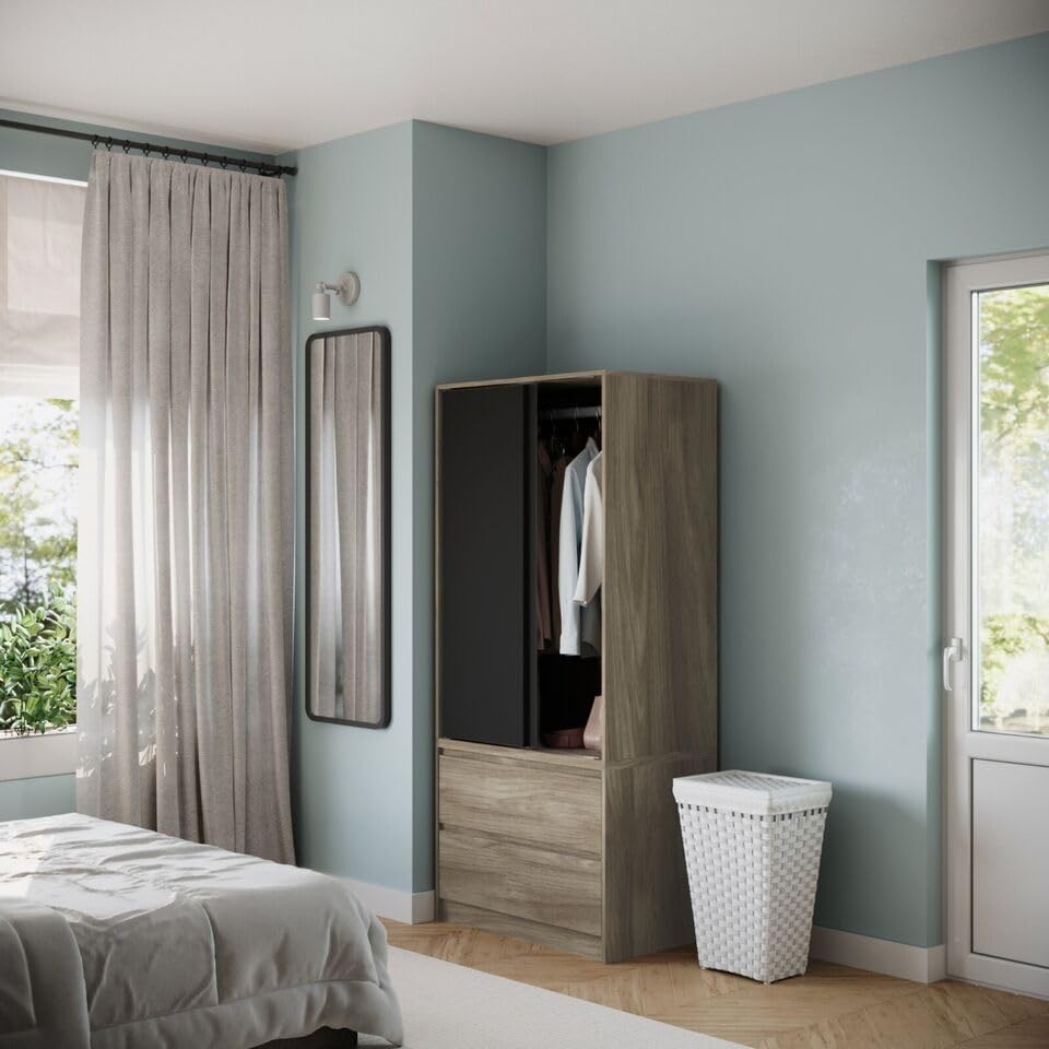 Modern 2-Door 2-Drawer Sliding Wardrobe with Hanging Rail & Adjustable Feet