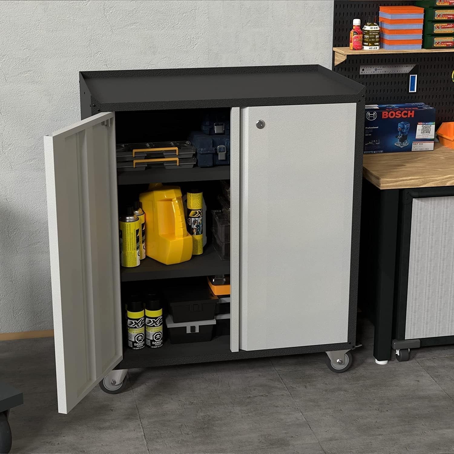 Heavy Duty Mobile Tool Storage Cabinet with Lockable Doors & Adjustable Shelf