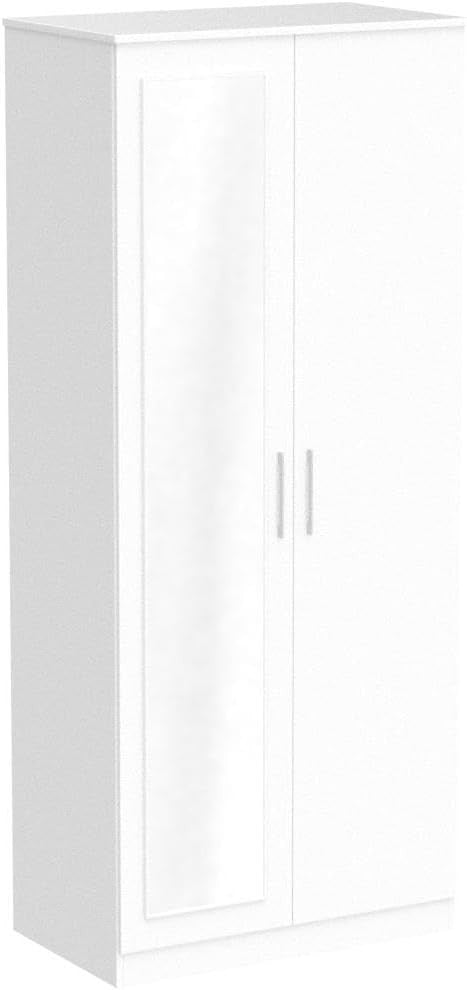 White Gloss 2 Door Wardrobe with Mirror Soft Close Shelves Modern