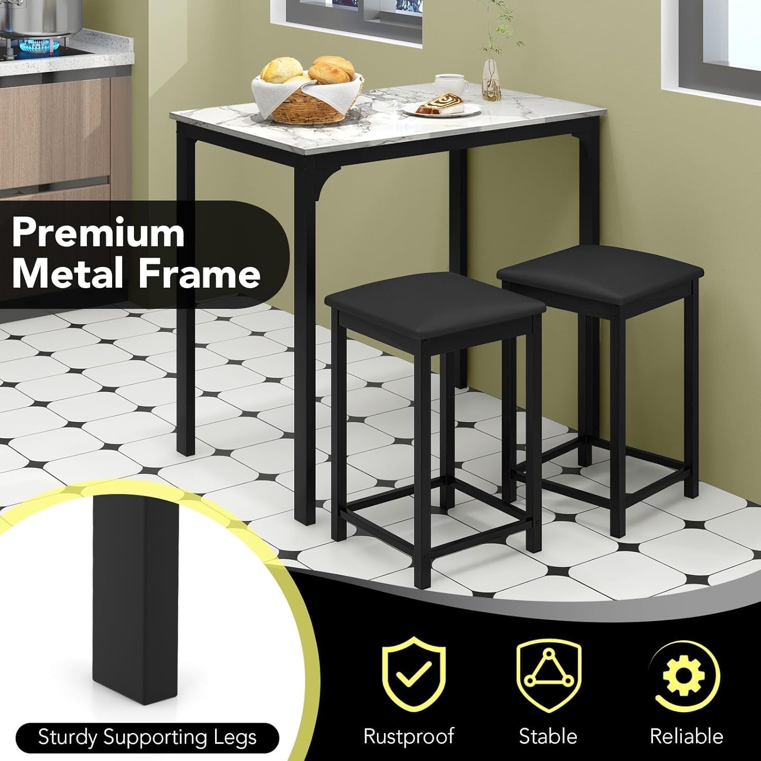 3 Piece Bar Table Set with Stools Marble Effect Top Counter Height Cream White
