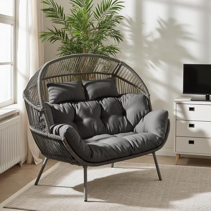Grey Rattan Double Egg Chair 2 Seater Indoor Outdoor Patio Snug Seat w/ Cushions