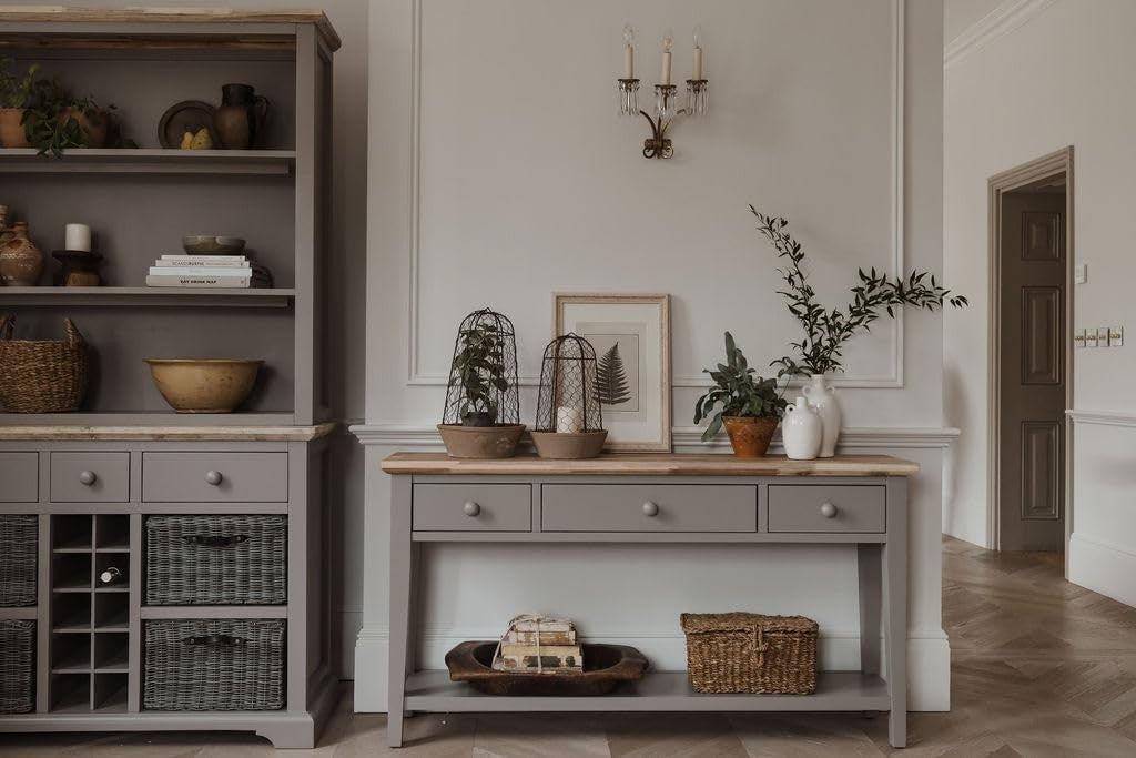 Grey Console Table with Storage Drawers & Shelf, Acacia Top, 143cm