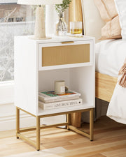 Modern White Rattan Bedside Table with Drawer & Shelf – Gold Metal Legs