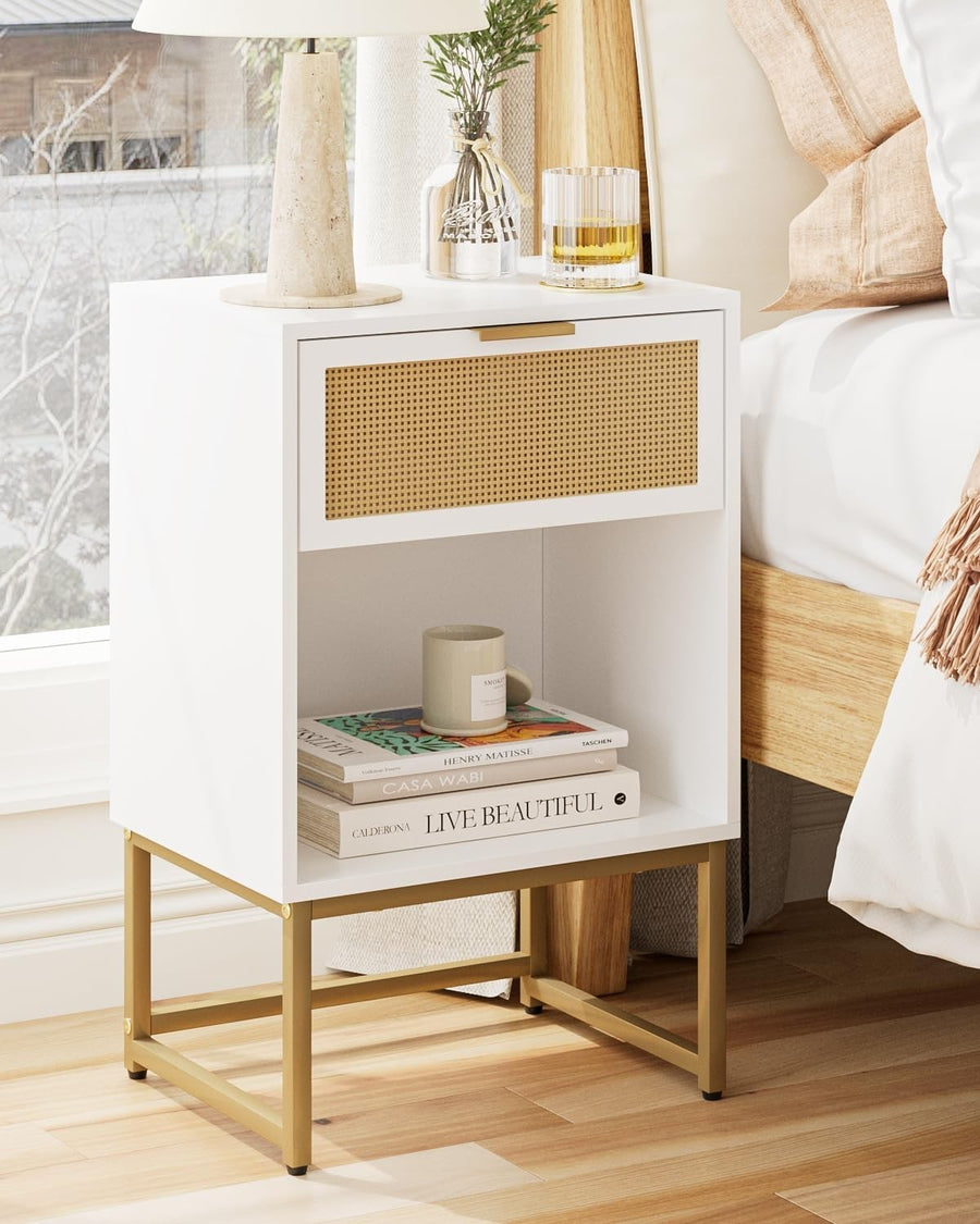 Modern White Rattan Bedside Table with Drawer & Shelf – Gold Metal Legs