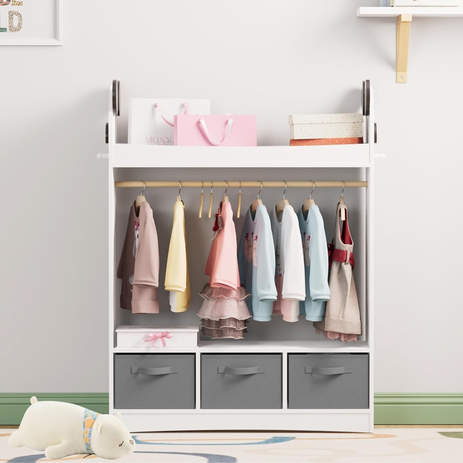Kids Dress Up Wardrobe with Mirror, Hanging Rail & Drawers for Clothes Storage