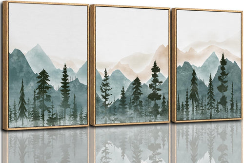 Mountain Forest Framed Canvas Wall Art Set 3 Nature Landscape Home Decor