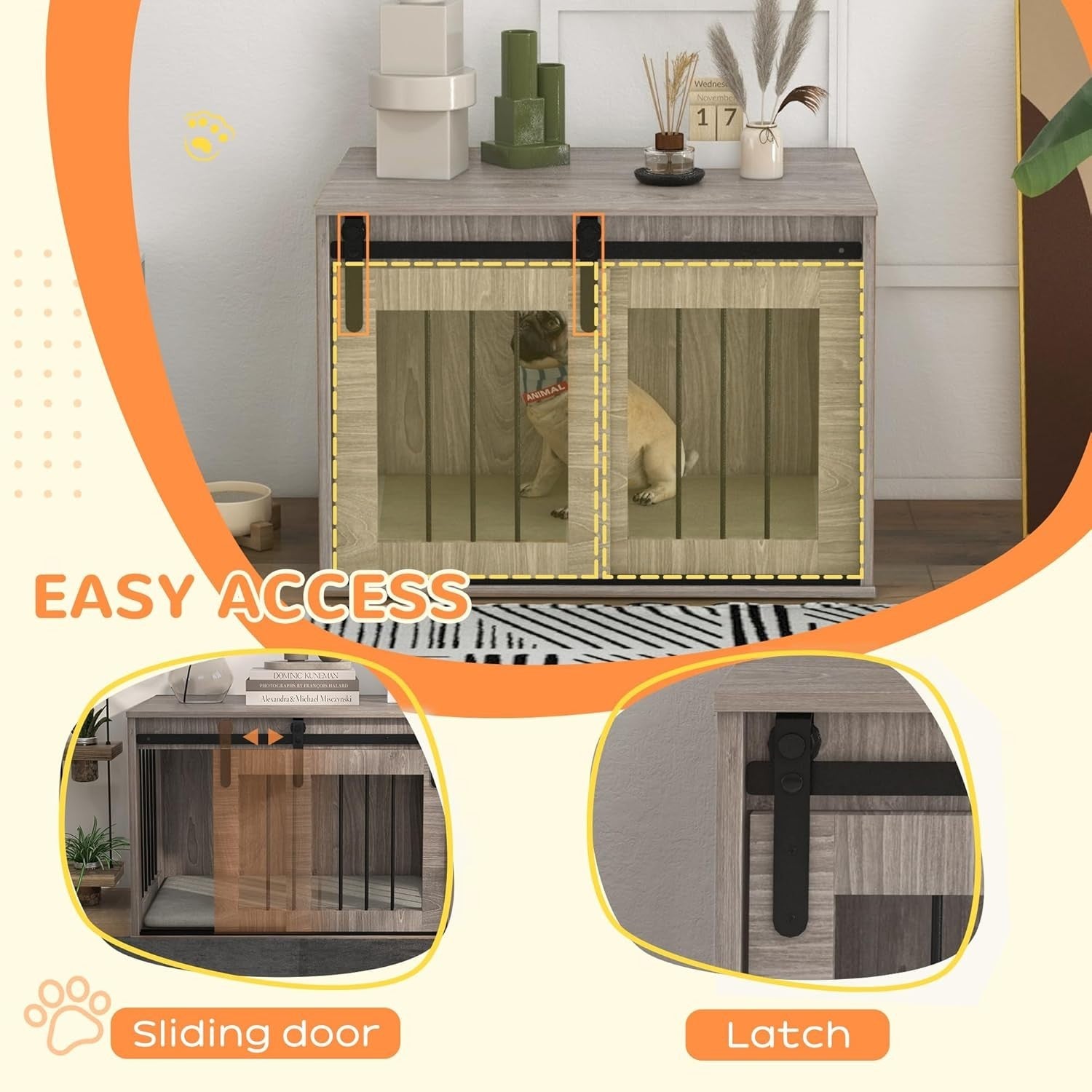 Medium Dog Crate Furniture with Sliding Barn Door & Washable Cushion