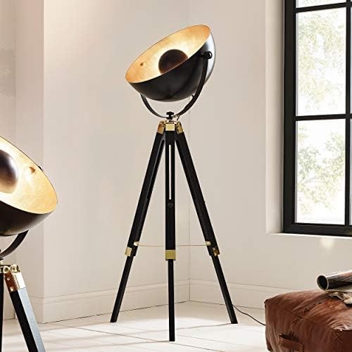 Industrial Tripod Floor Lamp Black Gold Brass Wood Vintage Studio Light