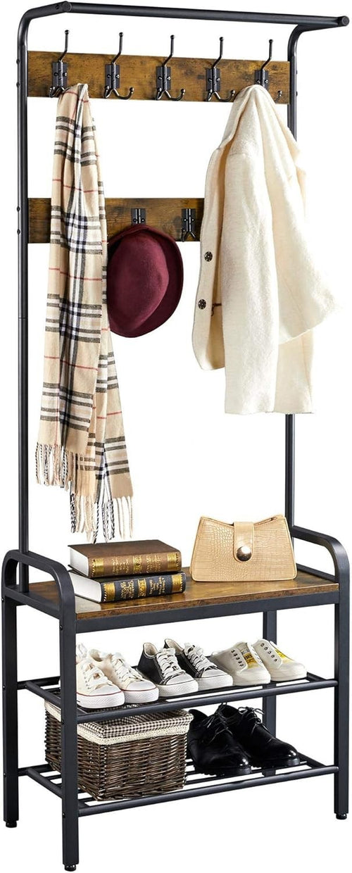 Rustic Brown Coat Rack with Shoe Bench & 23 Hooks | Hall Tree Entryway