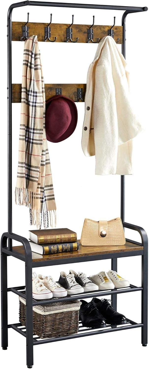 Rustic Brown Coat Rack with Shoe Bench & 23 Hooks | Hall Tree Entryway