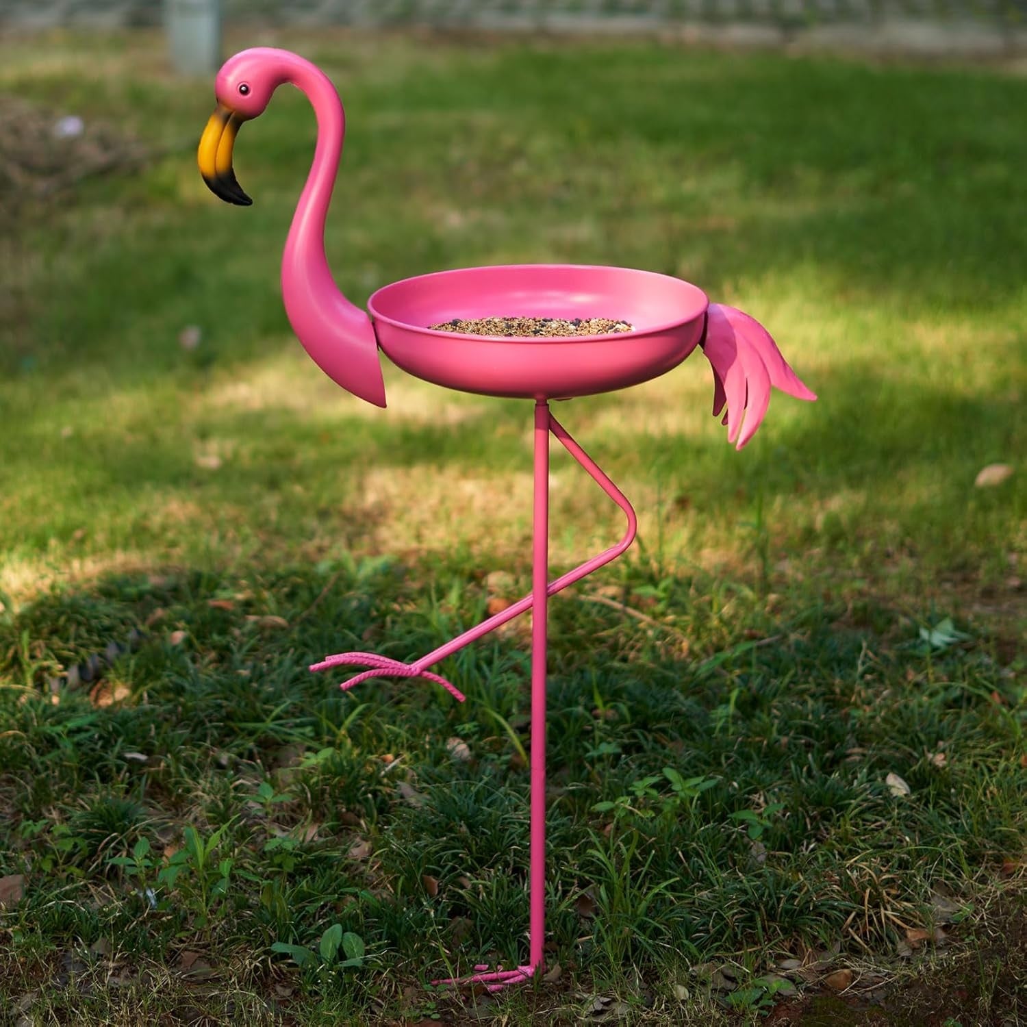 Flamingo Bird Bath Outdoor Garden Metal Feeder Ornament 41" Pink
