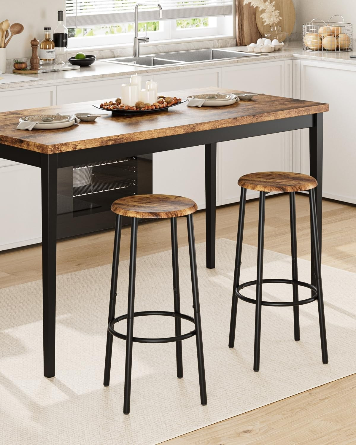 Set of 2 Rustic Brown Round Bar Stools Industrial Counter Footrest