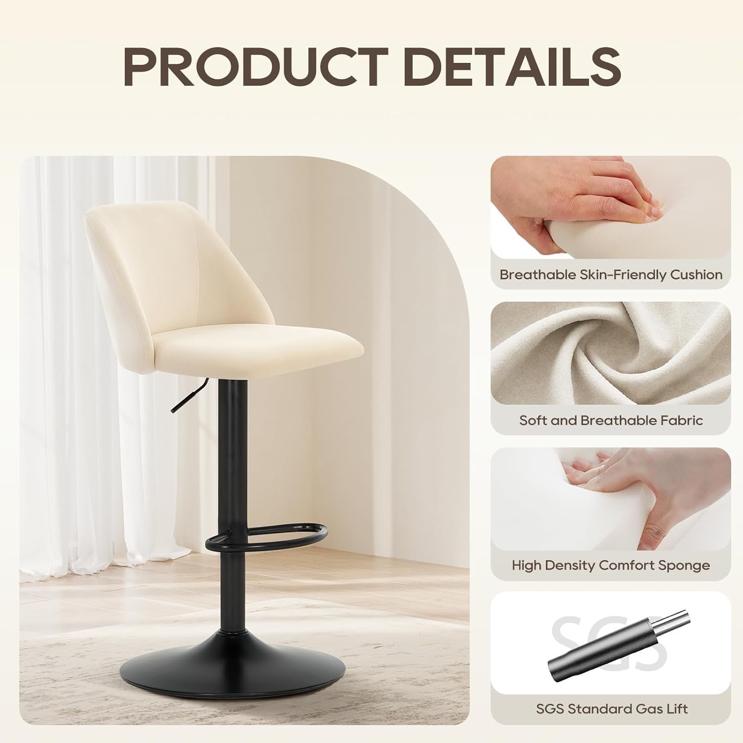 Adjustable Swivel Bar Stools Set of 2 | Square Fabric Seat, Metal Base
