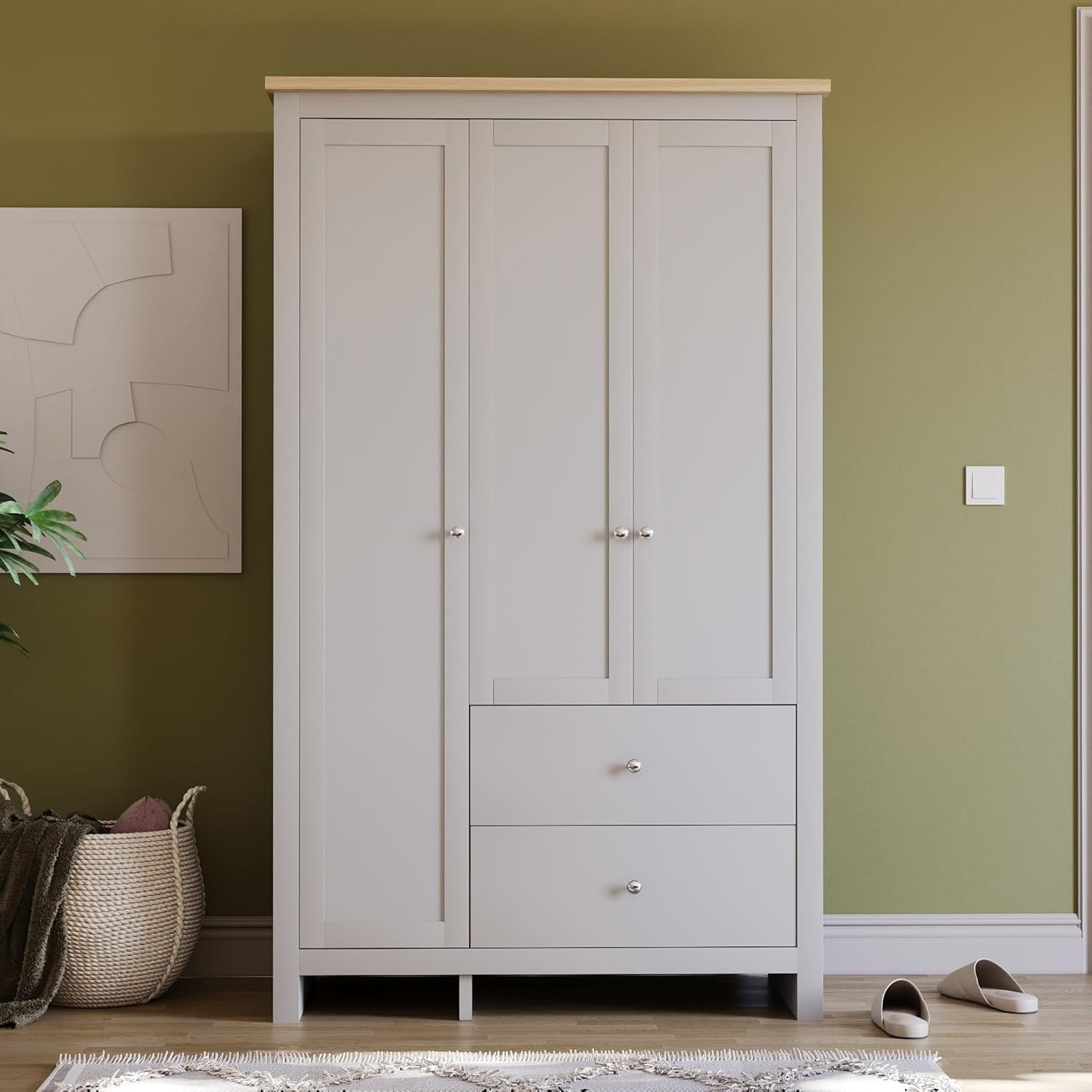3 Door Grey Wardrobe with Drawers & Clothes Rail - Bedroom Storage Unit