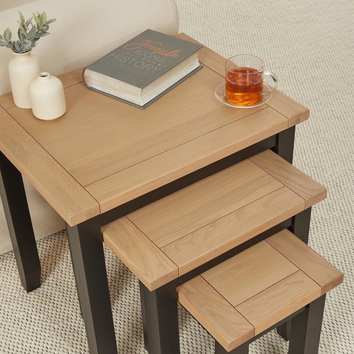 Space Saving Nesting Coffee Table Black Oak Wood Storage Rectangular 45cm