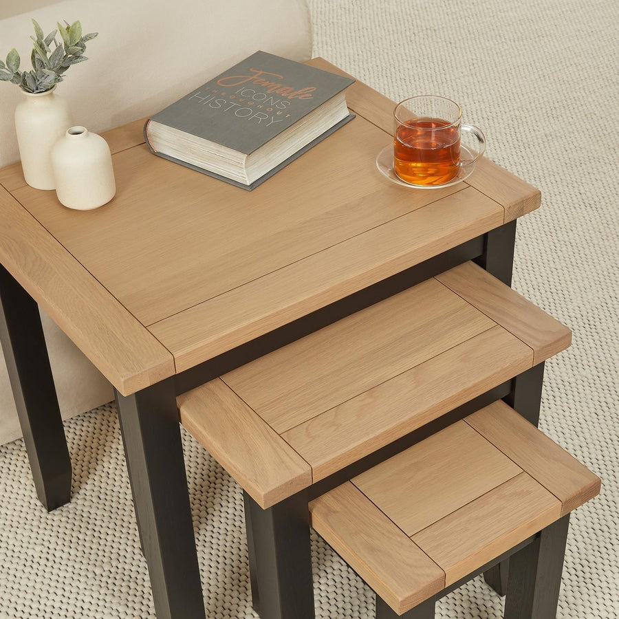 Space Saving Nesting Coffee Table Black Oak Wood Storage Rectangular 45cm