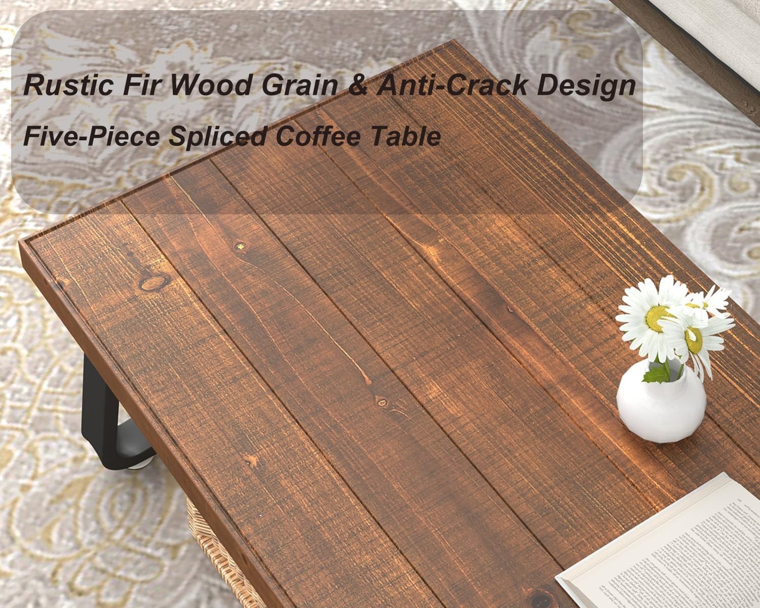 Rustic Wood Coffee Table 120CM – Industrial Metal Frame, Solid Cedar Top