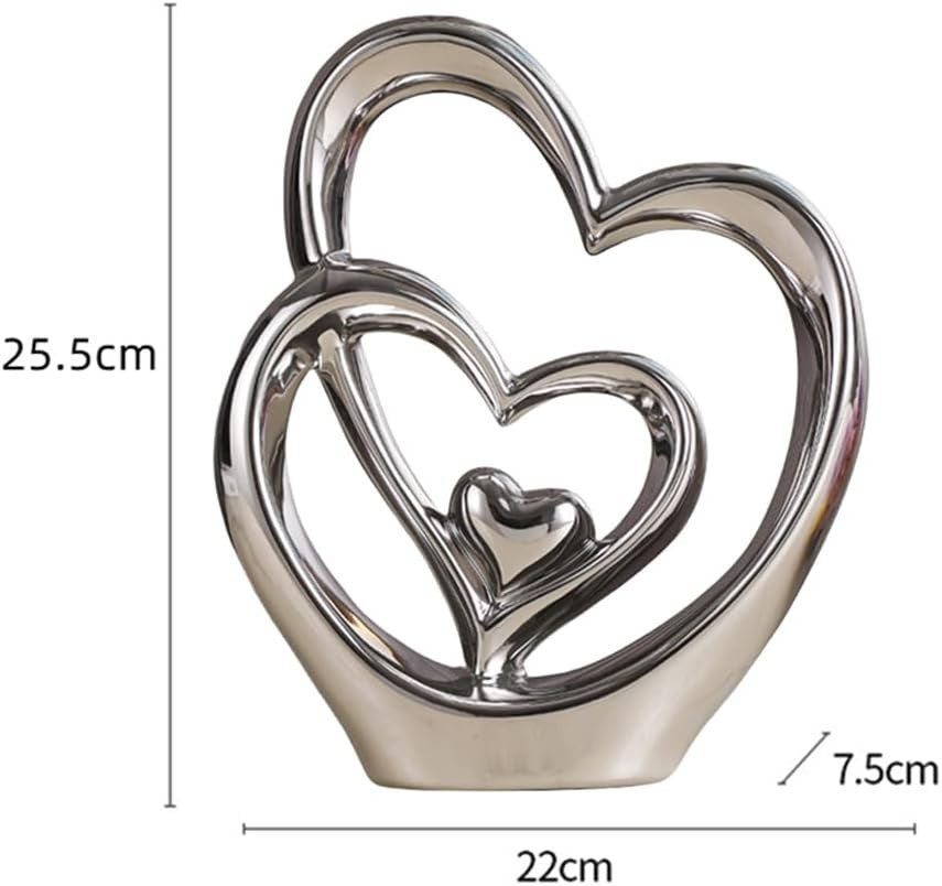 Silver Double Heart Ceramic Sculpture Luxury Modern Romantic Home Decor Ornament