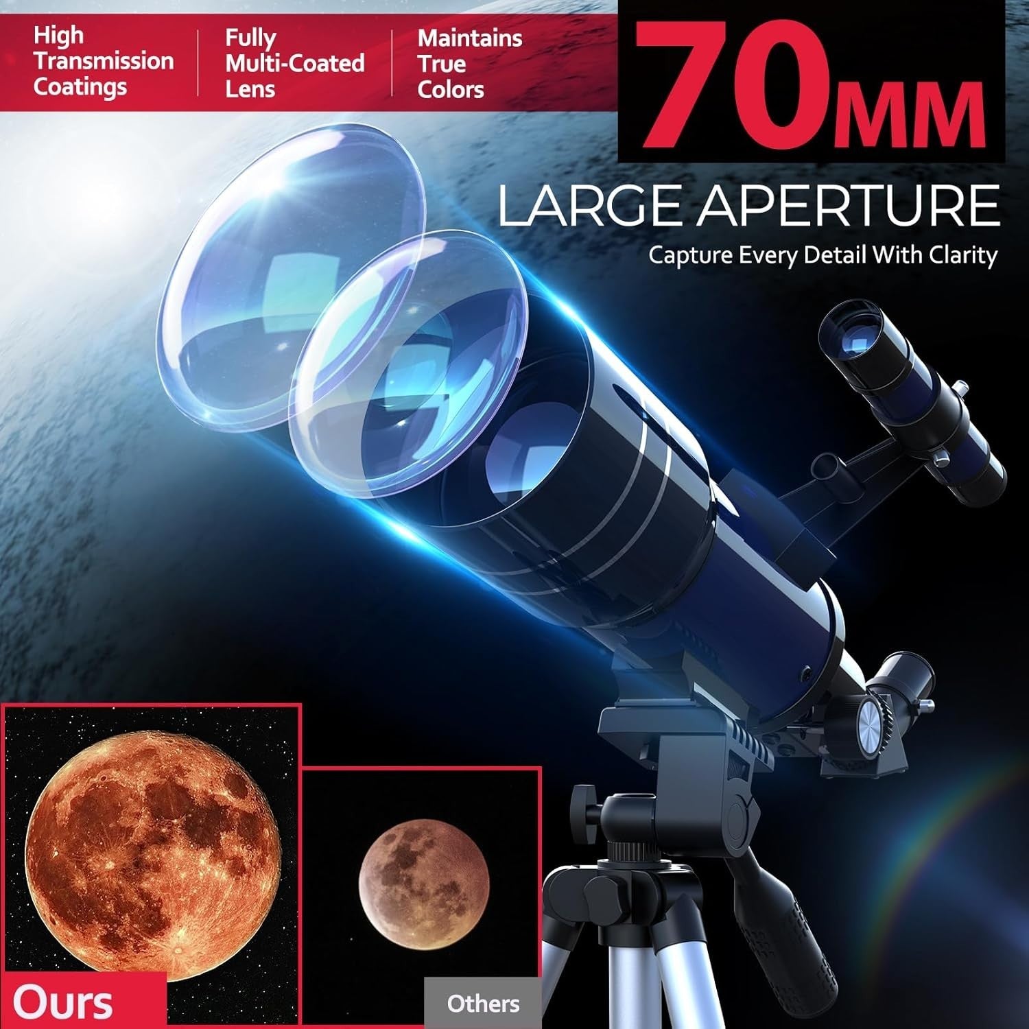 Beginner Telescope 70mm Refractor Astronomy Kit 15X-150X Dark Blue Tripod
