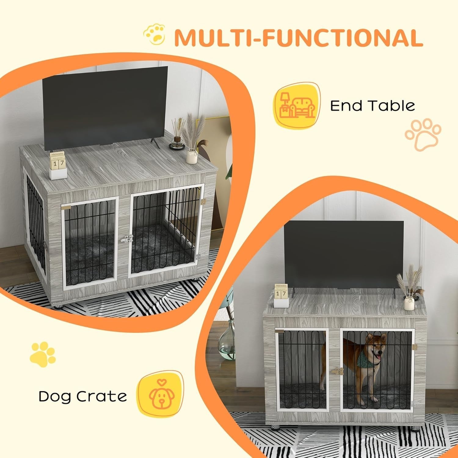 XL Indoor Dog Crate Furniture with Cushion | Large Dog Kennel & Side Table, 106c