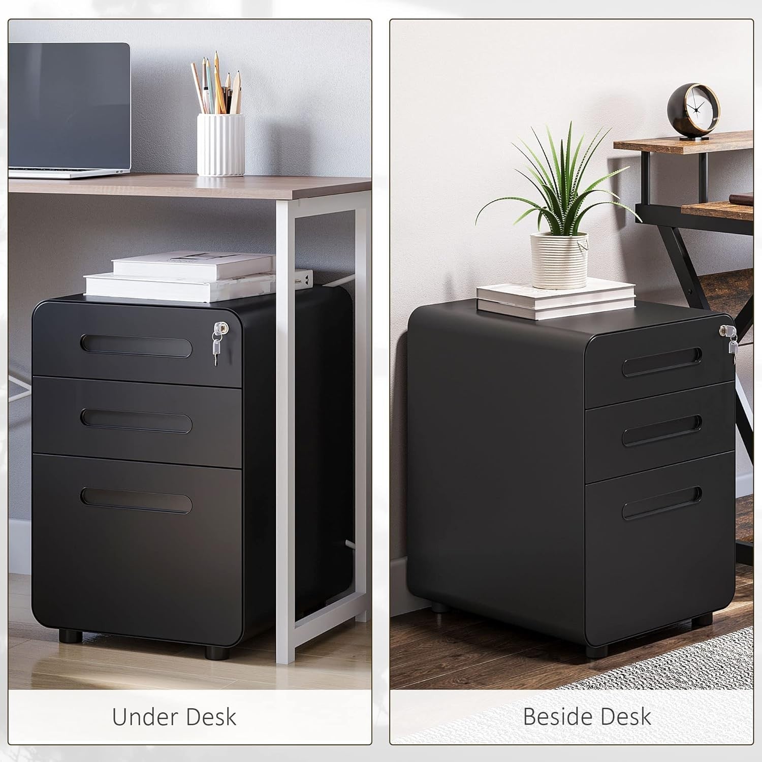 Black 3 Drawer Lockable Filing Cabinet with Wheels – A4 Vertical Office Storage