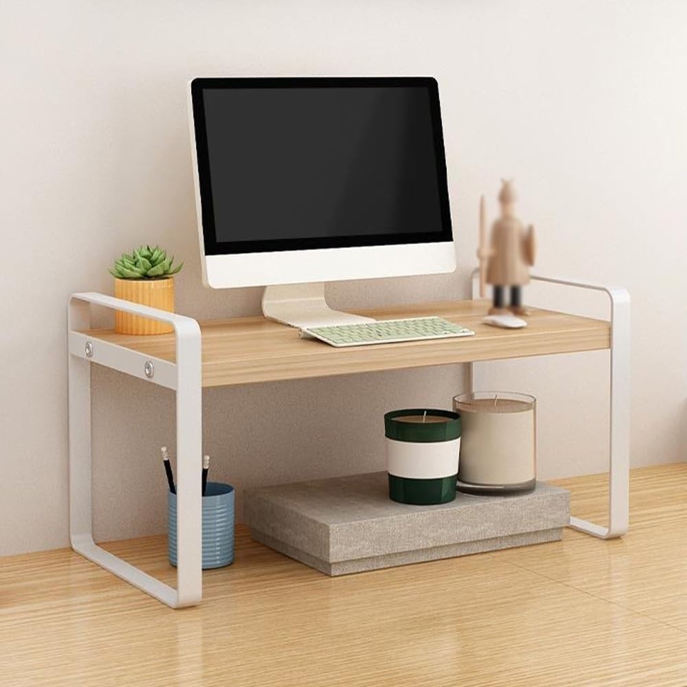 1-Tier Desktop Bookshelf Organizer | White Wood & Metal Desk Storage Rack 40cm