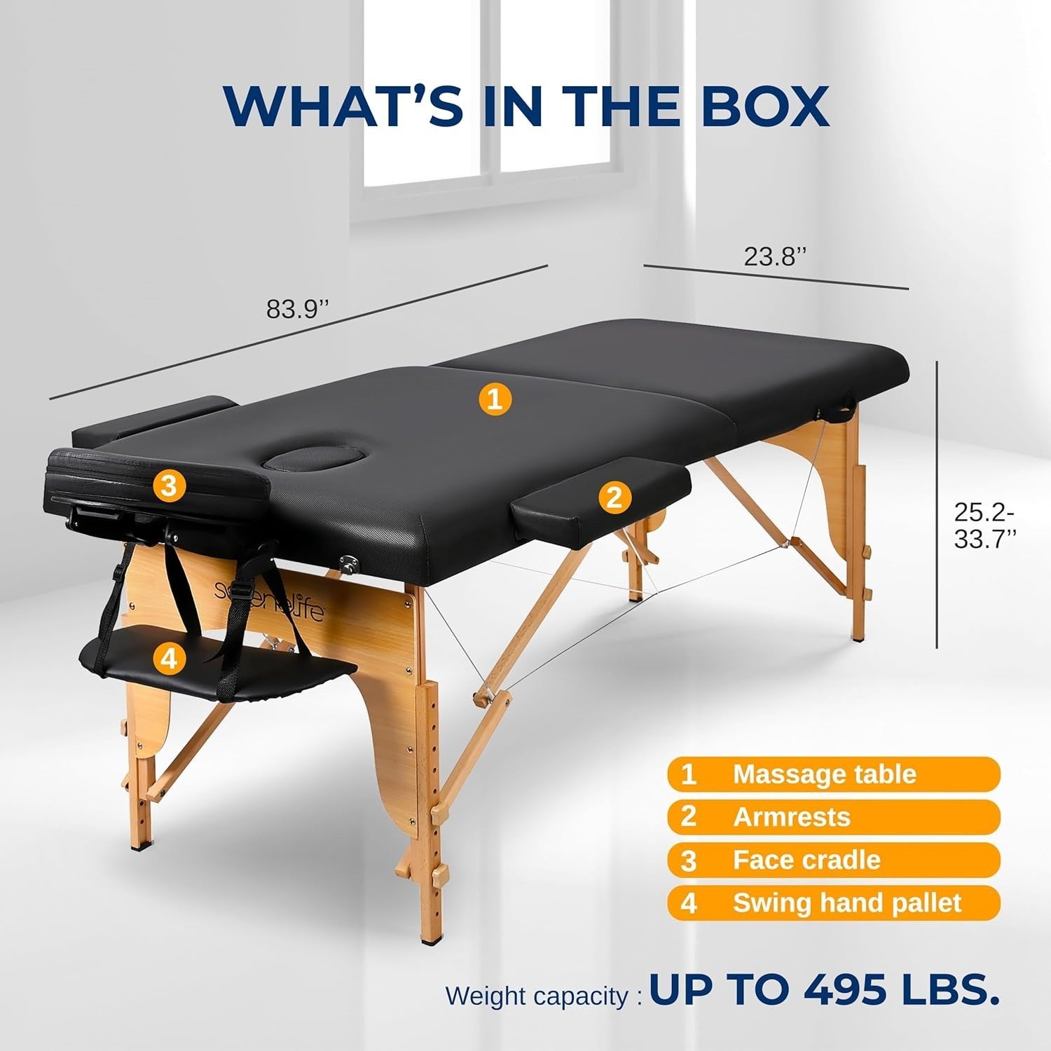 Portable Massage Table 3-Section Adjustable Folding Therapy Beauty Spa Bed Black