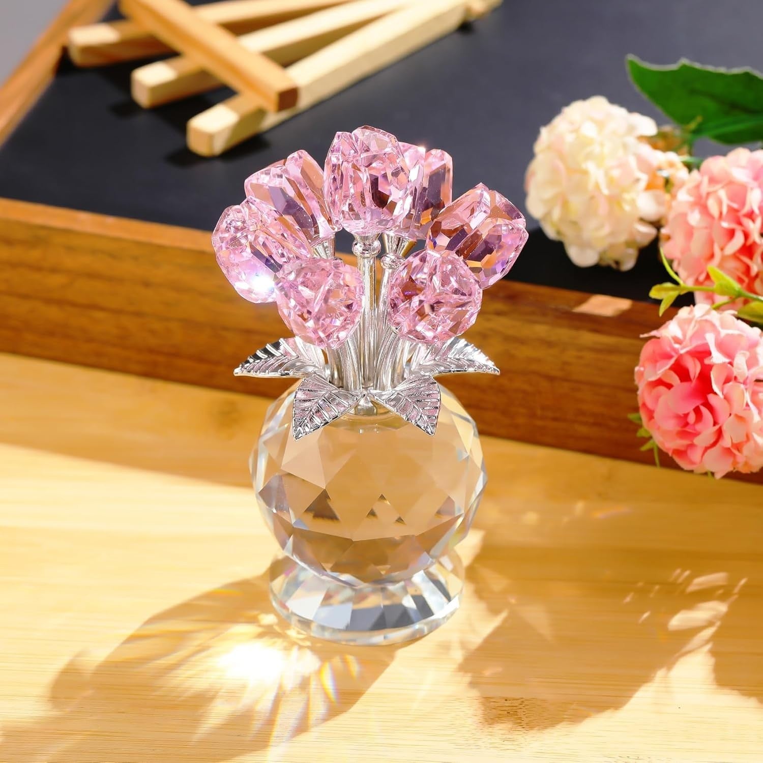 Pink Crystal Tulip Flower Ornament – Luxury K9 Glass Bouquet Gift for Her Home