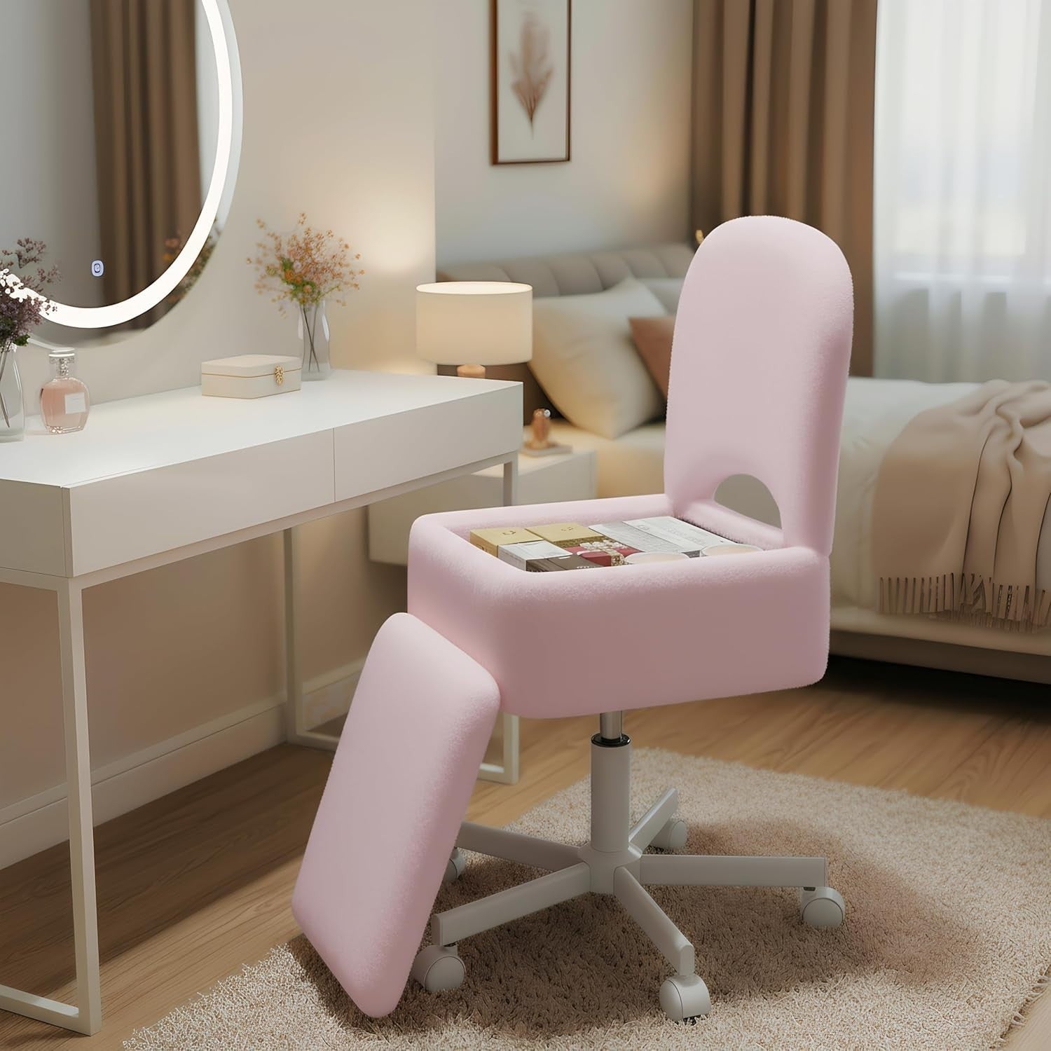 Pink Furry Vanity Chair Large with 13.5L Storage Swivel Adjustable Height