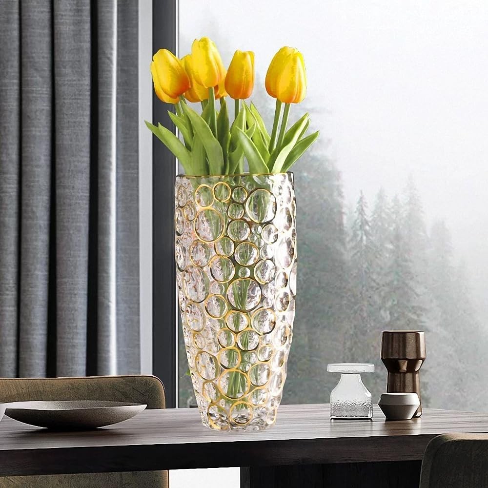 Large Crystal Glass Flower Vase 11.8in Hand Painted Gold Modern Home Décor