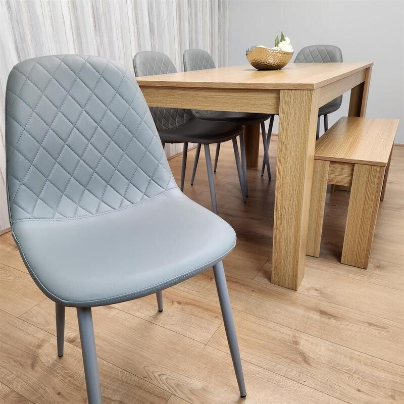 6 Seater Oak Dining Table Set with Bench & 4 Grey Chairs for Kitchen