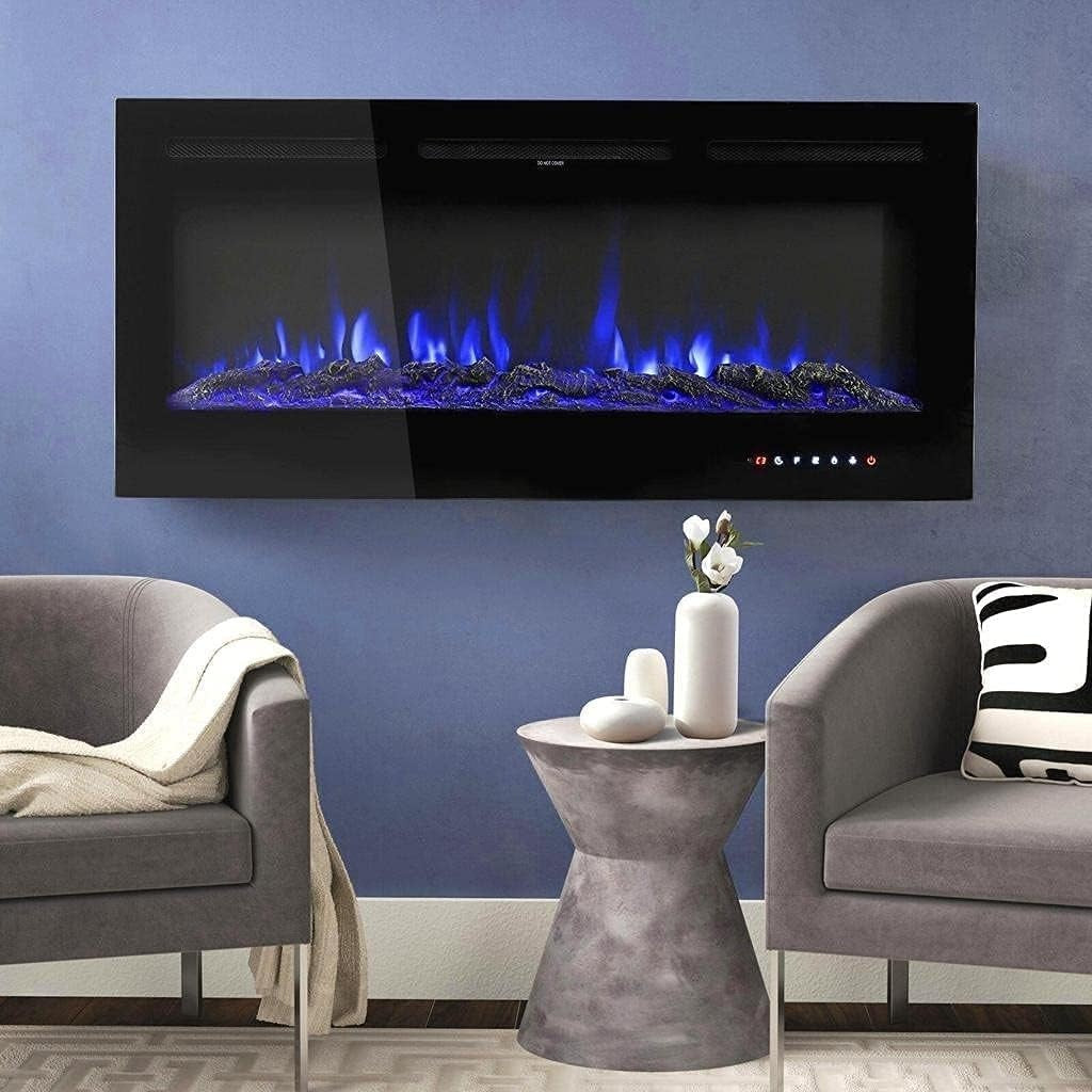 50" Wall Mounted Electric Fireplace Heater Crystal Flame Remote LED