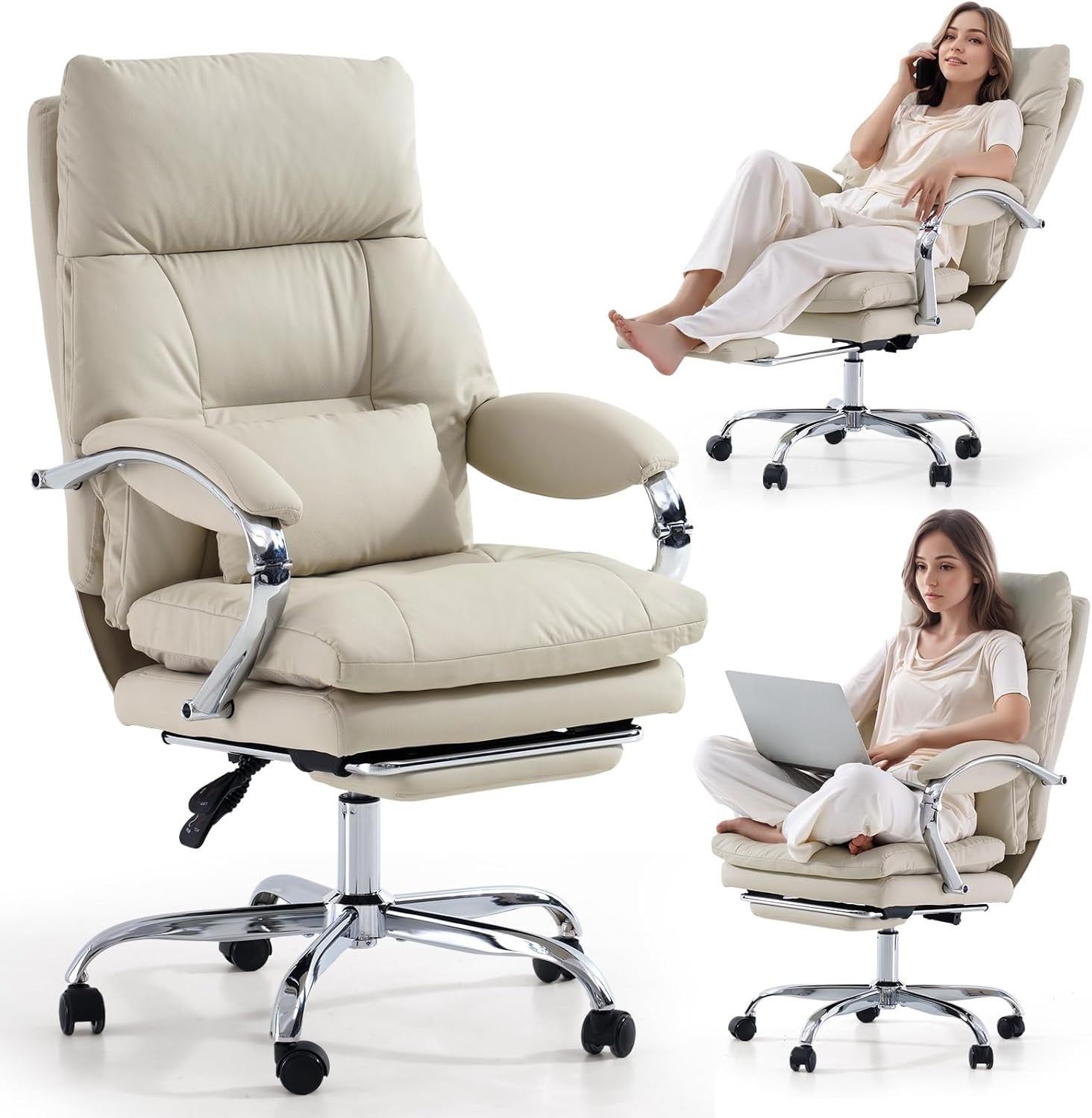 Office Chair Reclining Executive Desk Chair White PU Leather w/ Footrest