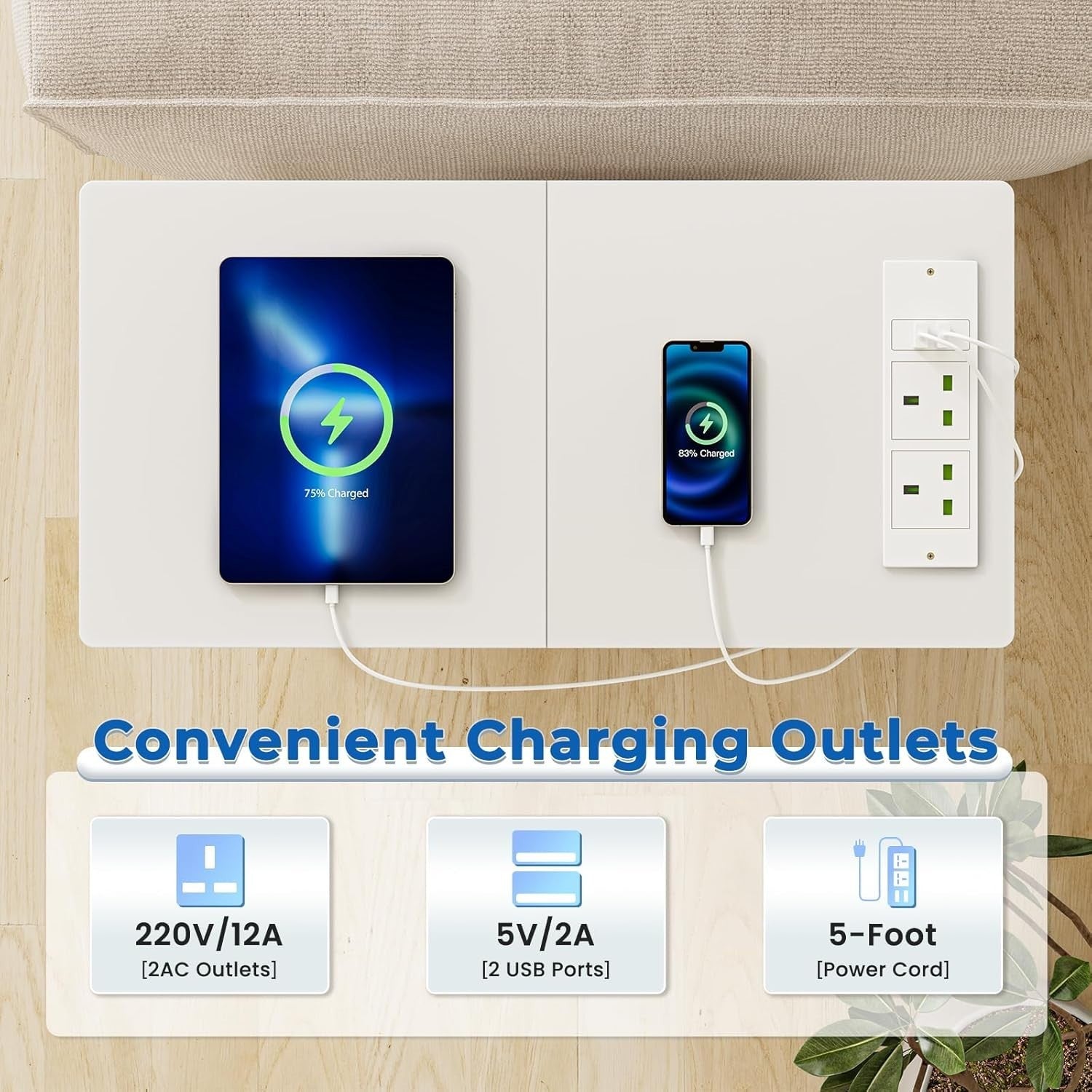 Slim White Smart Bedside Table with LED Light, USB Charging & Drawer