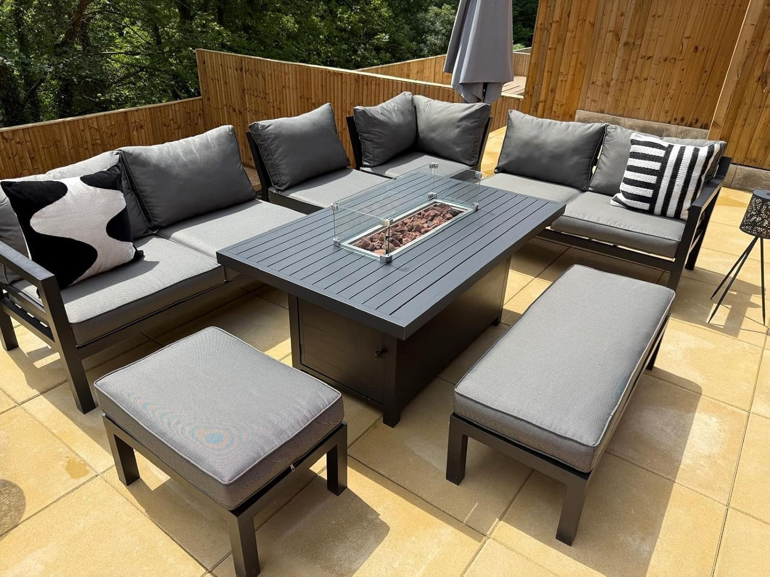 Corner Garden Sofa Set with Fire Pit Table Outdoor Aluminium Lounge Set