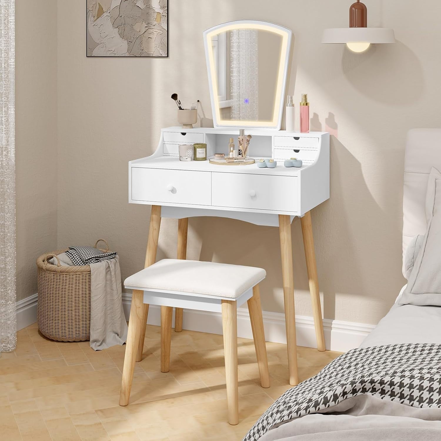 White Vanity Dressing Table Set w/ 3-Color LED Mirror, 6 Drawers & Stool