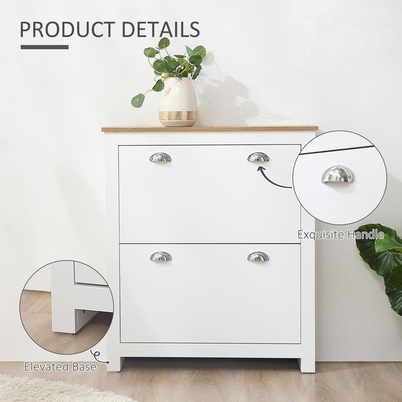 Modern White 2 Drawer Slim Shoe Cabinet with Adjustable Shelves MDF Unit