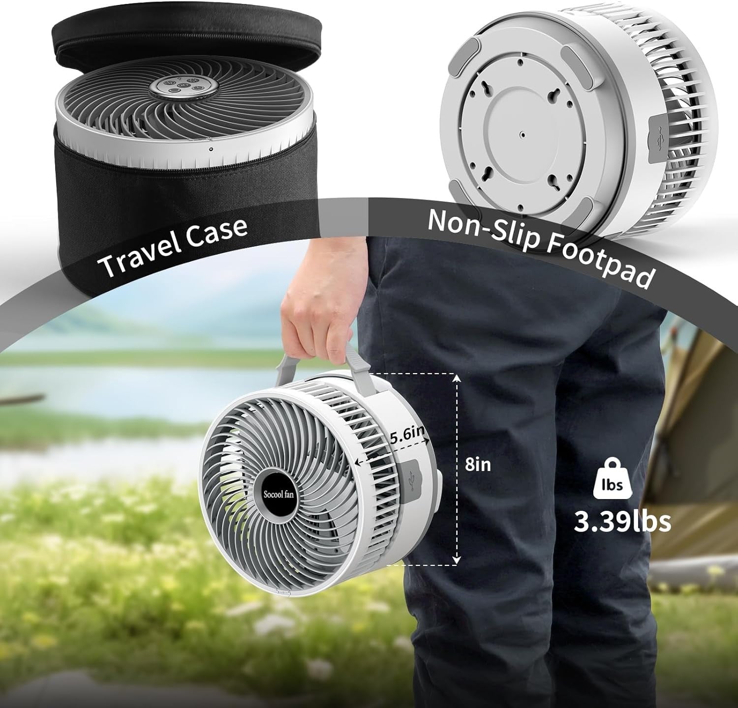 8" Portable Rechargeable Fan – 20000mAh USB Folding Floor Fan w/ Remote White