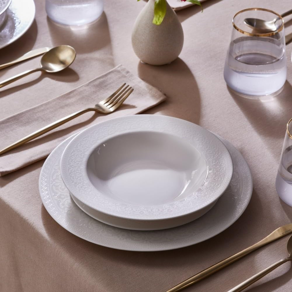 24pc Bone China Dinner Set White Plates Bowls Modern Tableware for 6
