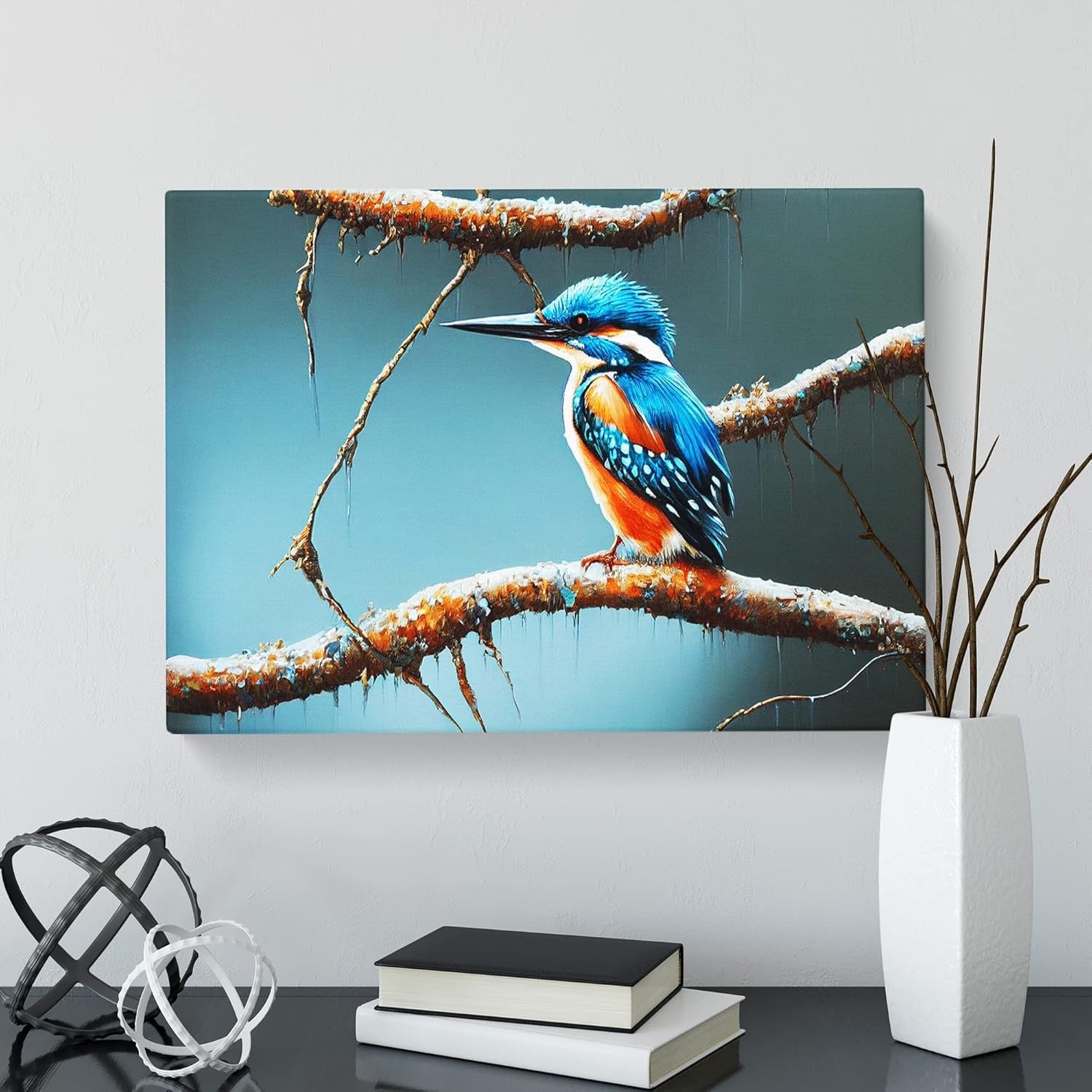 Kingfisher Bird Canvas Wall Art 30x20in Framed Modern Home Decor