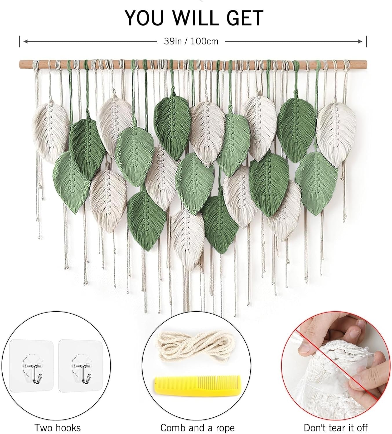 Large Boho Macrame Wall Hanging Leaf Woven Decor Beige