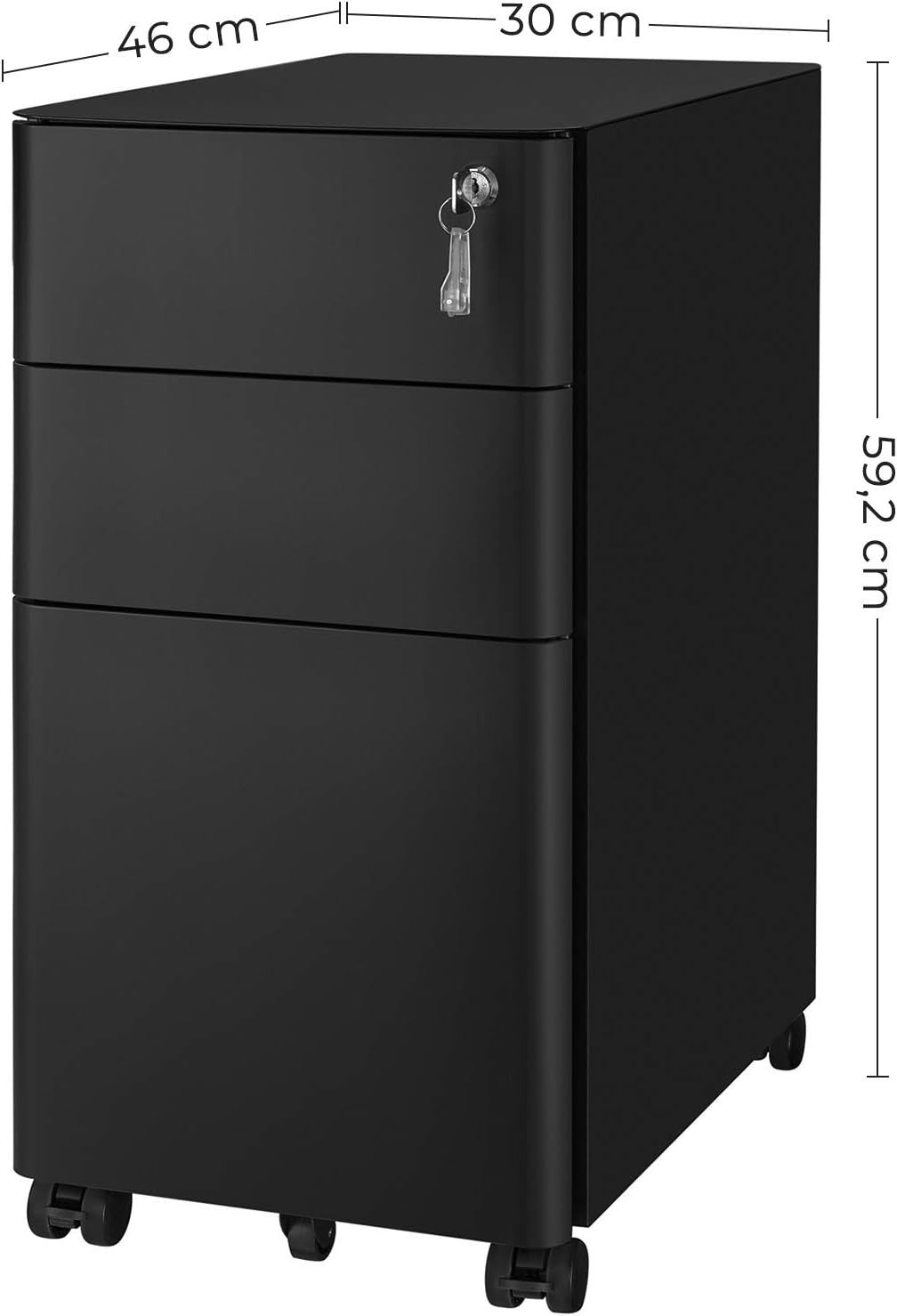 Black Mobile File Cabinet 46x30x59cm Lockable 3 Drawer Steel