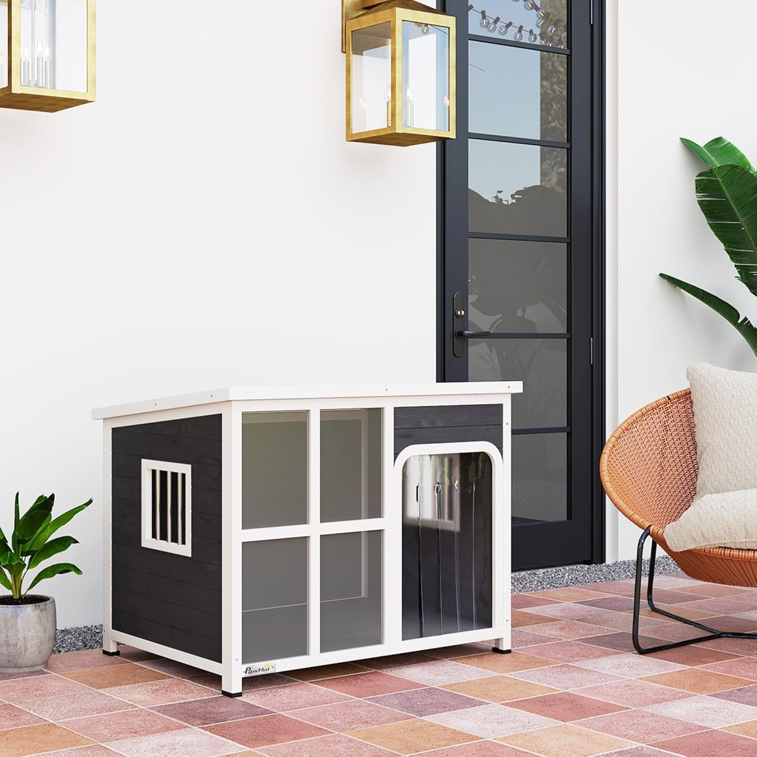Large Wooden Dog Kennel Outdoor Shelter w/ Roof, Windows, Curtain | 103x77x83cm