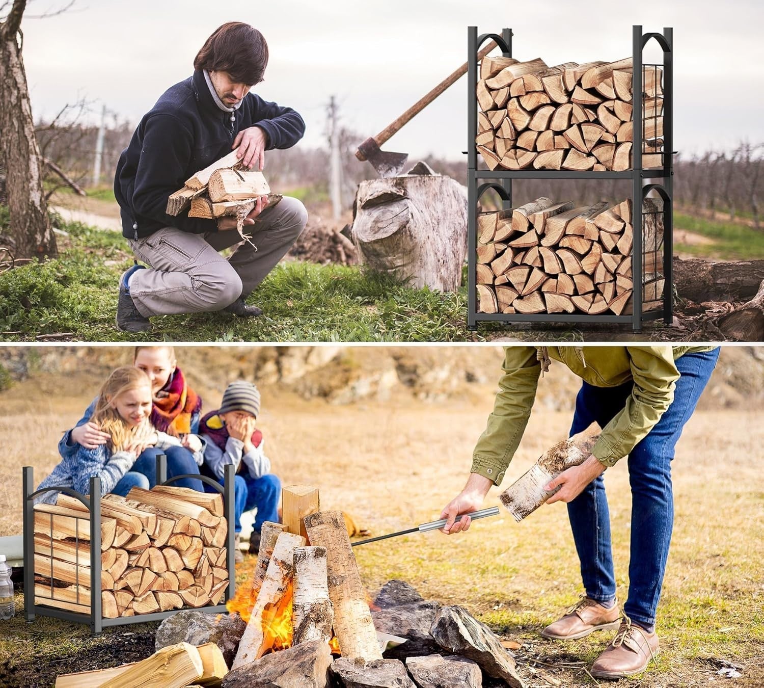 2 Tier Firewood Log Rack Indoor Outdoor Rustproof Metal Storage Shelf 78x46x32cm