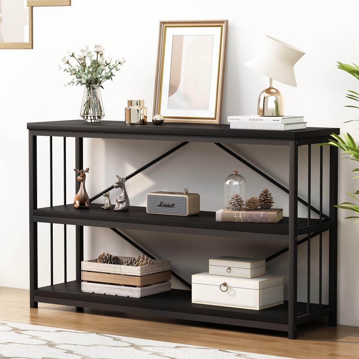 Modern Industrial 3-Tier Sofa Table with Storage Shelves, 120x34x74cm