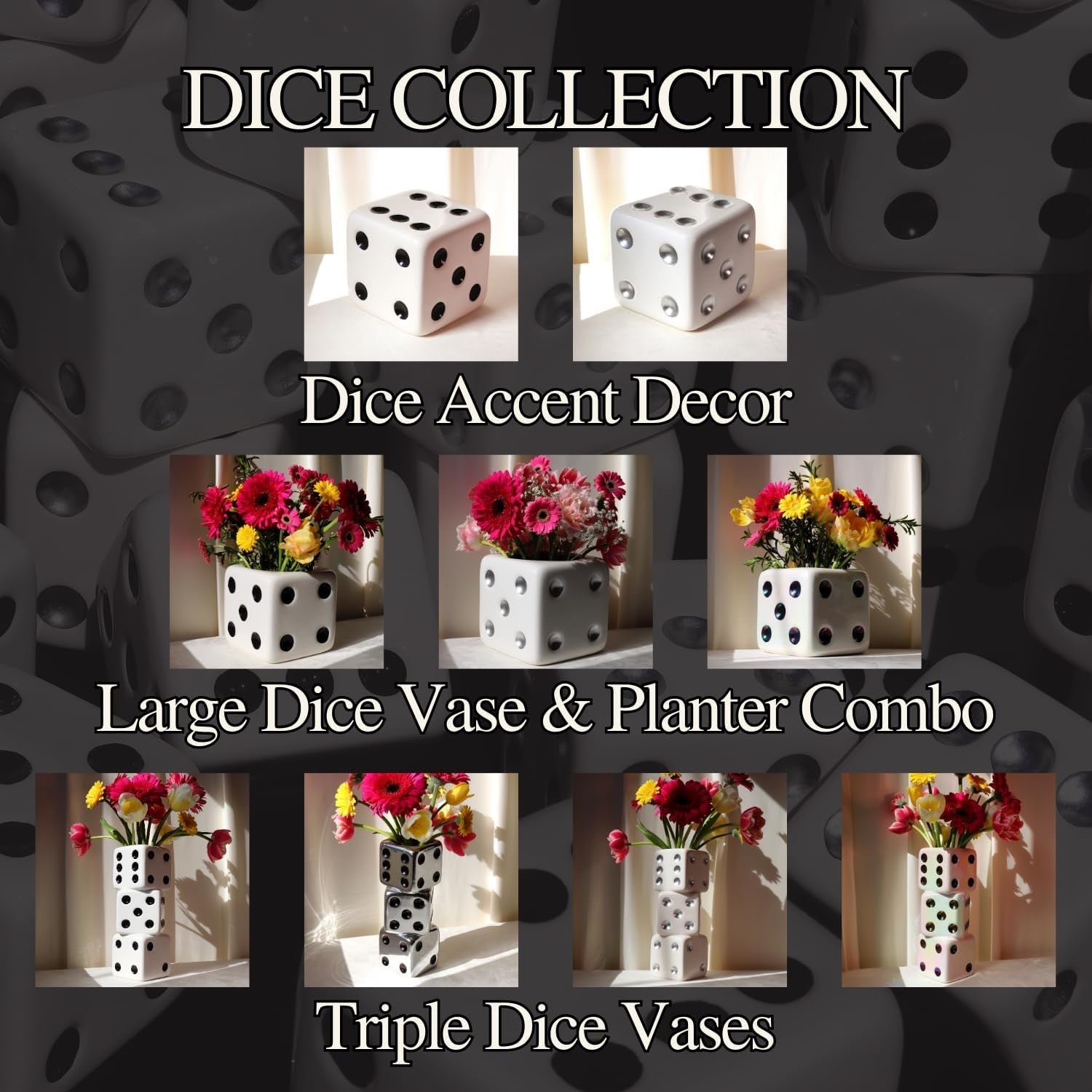 Dice Vase Ceramic Triple Stack White Silver Dot Modern Table Flower Decor