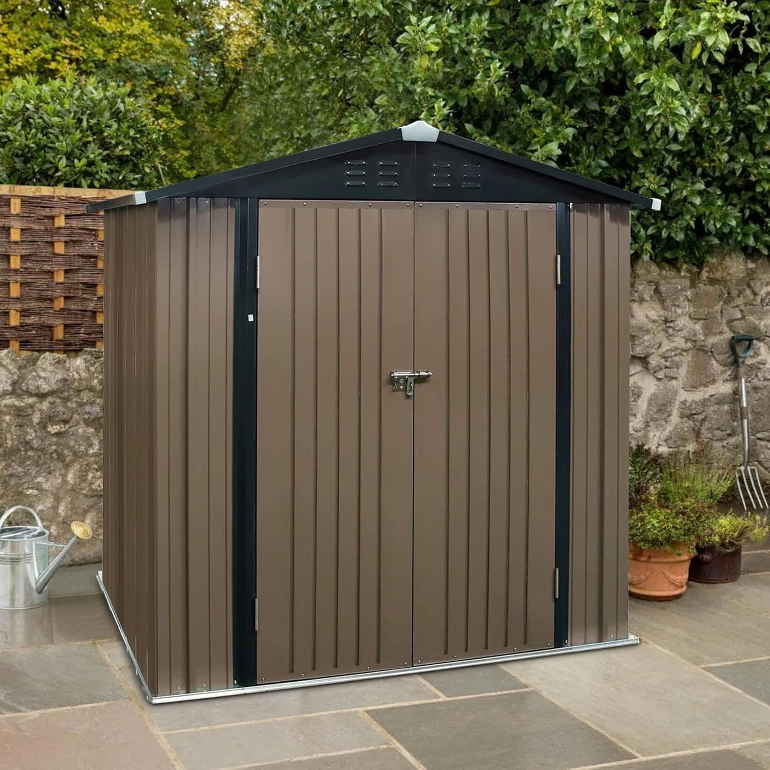 Metal Garden Shed Outdoor Storage Tool Sloped Roof 6x4FT Brown