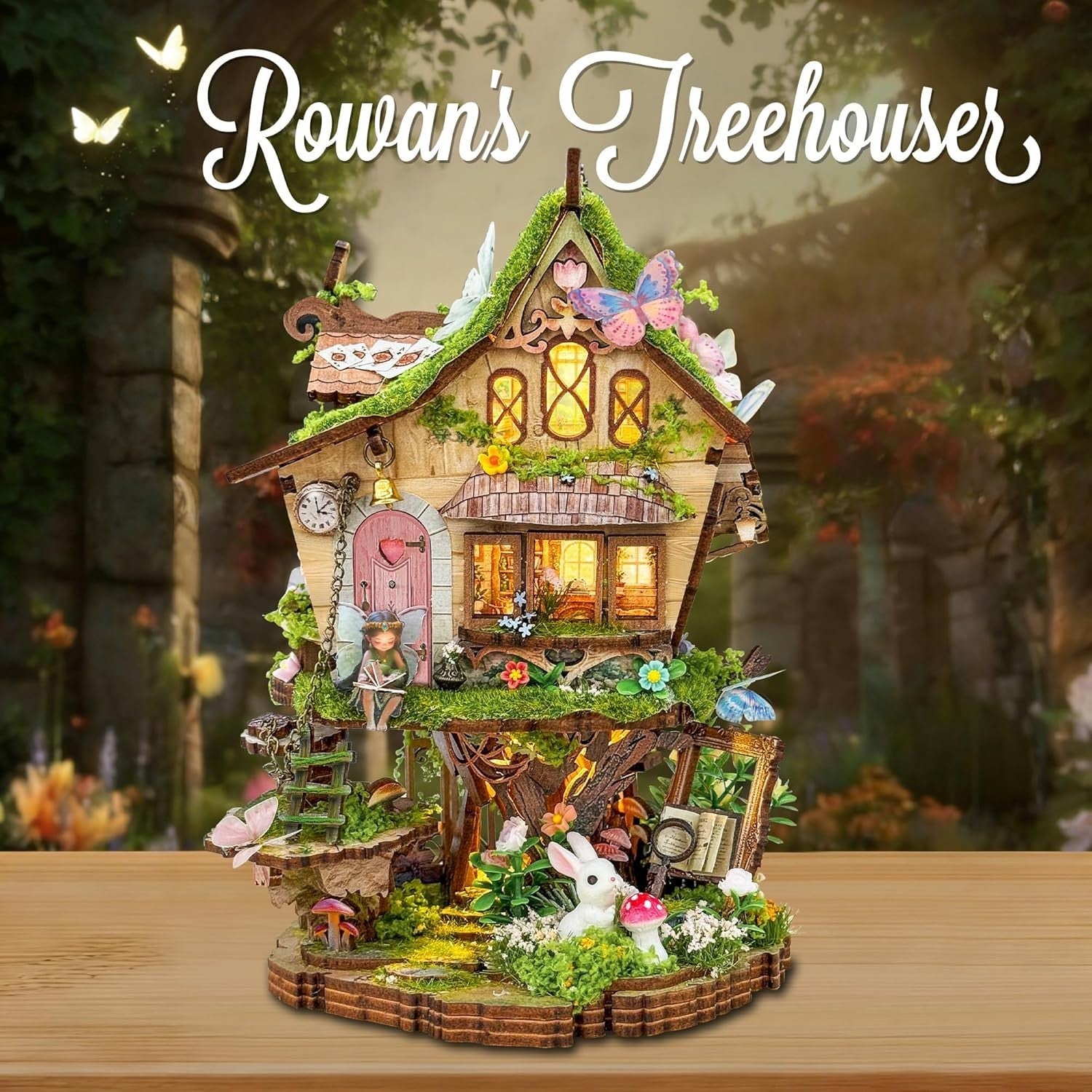 3D Wooden Puzzle Fairy Treehouse DIY Miniature Kit LED Dollhouse Decor